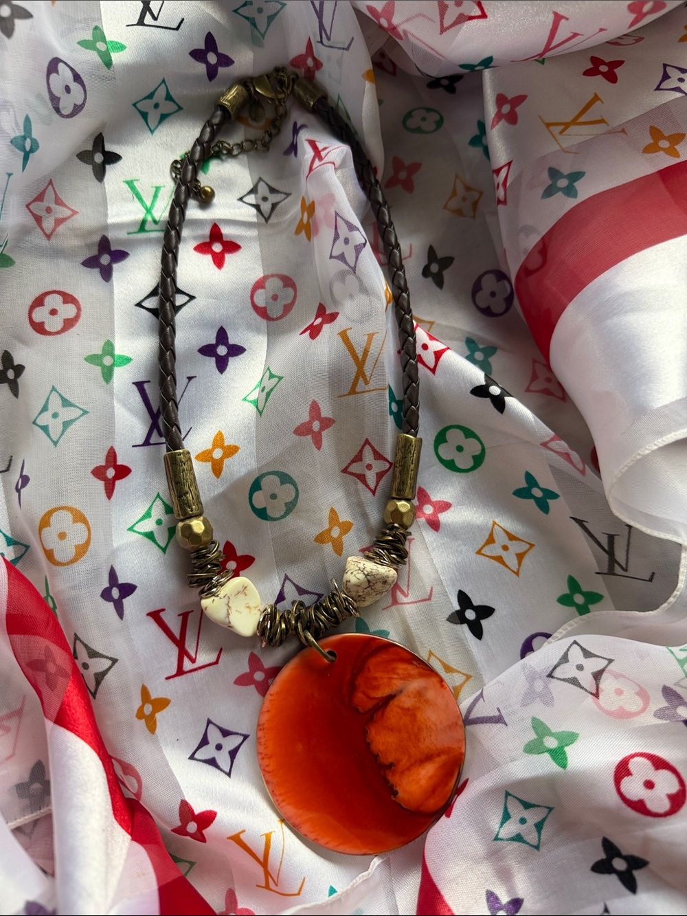 Chico's Brass Beaded Orange Disc Pendant
Necklace